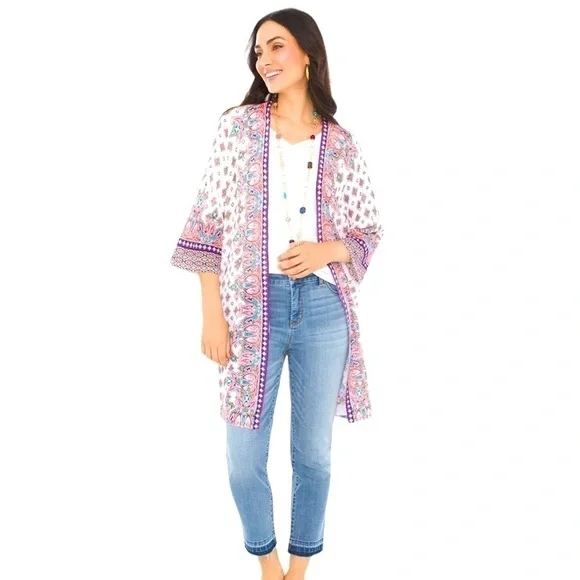 Chico’s Boho Mixed Print Open Front Cardigan 3/4 Sleeve Lightweight Size 1 Small - Picture 3 of 12